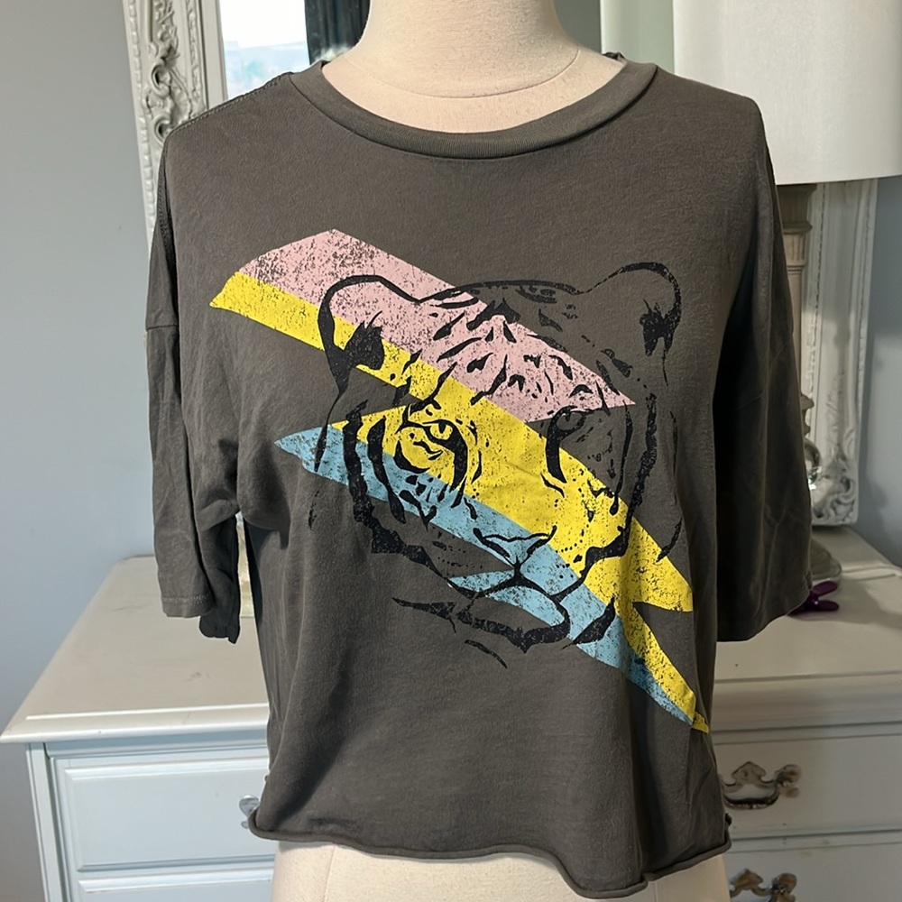 Crop Top Tiger Tee Gray Short Sleeve Womens Small Cotton